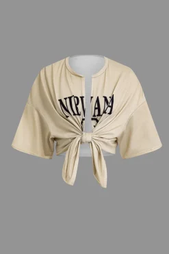 MICAS Short Sets|Vacation Sets-Letter Print Tie Front Crop Top And Shorts Set KHAKI