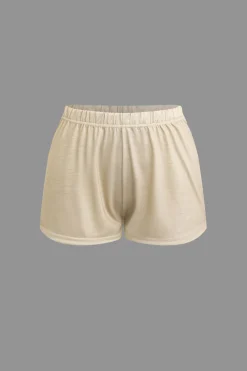 MICAS Short Sets|Vacation Sets-Letter Print Tie Front Crop Top And Shorts Set KHAKI