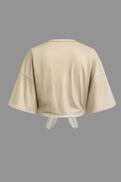 MICAS Short Sets|Vacation Sets-Letter Print Tie Front Crop Top And Shorts Set KHAKI