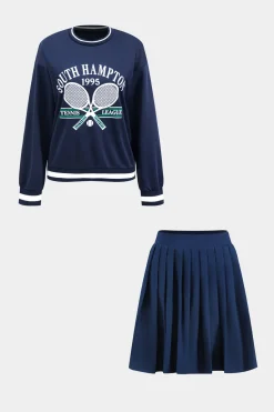 MICAS Skirt Sets-Letter Print Top And Pleated Skirt Set DARK BLUE