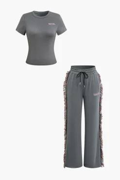MICAS Pant Sets-Letter Print T-shirt And Tassel Drawstring Pants Set