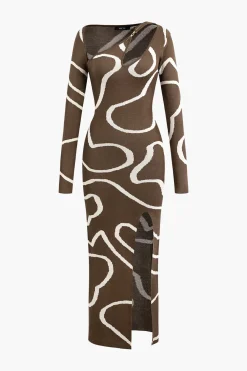 MICAS Knitwear|Knit Dresses-Line Pattern Cut Out Slit Knit Maxi Dress
