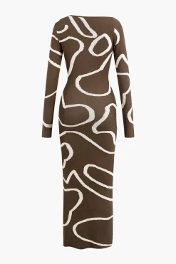 MICAS Knitwear|Knit Dresses-Line Pattern Cut Out Slit Knit Maxi Dress