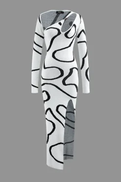 MICAS Knitwear|Knit Dresses-Line Pattern Cut Out Slit Knit Maxi Dress