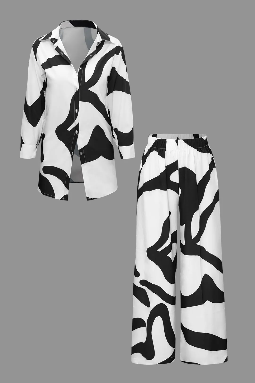MICAS Pant Sets|Vacation Sets-Line Print Button Up Shirt And High Waist Wide Leg Pants Set BLACK
