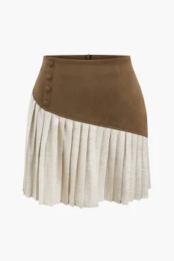 MICAS Skirts-Linen Button Patchwork Pleated Skirt