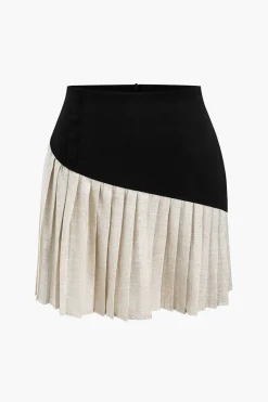 MICAS Skirts-Linen Button Patchwork Pleated Skirt