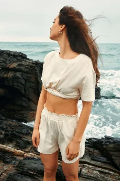 MICAS Blouses & Shirts-Linen Crop Short Sleeve Shirt BEIGE