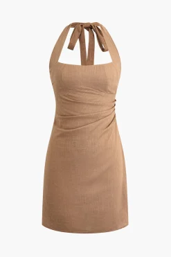 MICAS Mini Dresses-Linen Halter Neck Ruched Mini Dress LIGHT BROWN