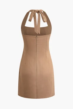 MICAS Mini Dresses-Linen Halter Neck Ruched Mini Dress LIGHT BROWN