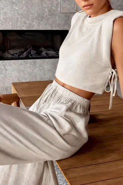 MICAS Pant Sets-Linen Padded-Shoulder Tie Side Top And Drawstring Pants Set BEIGE