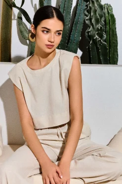 MICAS Pant Sets-Linen Padded-Shoulder Tie Side Top And Drawstring Pants Set BEIGE