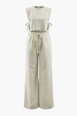 MICAS Pant Sets-Linen Padded-Shoulder Tie Side Top And Drawstring Pants Set BEIGE