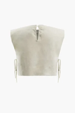 MICAS Pant Sets-Linen Padded-Shoulder Tie Side Top And Drawstring Pants Set BEIGE