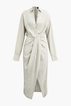 MICAS Long Sleeve Dresses|Midi Dresses-Linen Ruched Button-Up Slit Midi Shirt Dress WHEAT