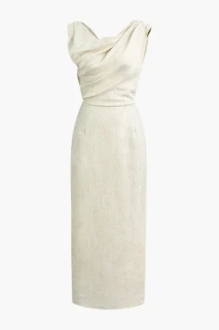 MICAS Midi Dresses-Linen Ruched Slit Midi Dress BEIGE