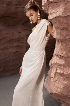 MICAS Midi Dresses-Linen Ruched Slit Midi Dress BEIGE