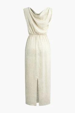 MICAS Midi Dresses-Linen Ruched Slit Midi Dress BEIGE