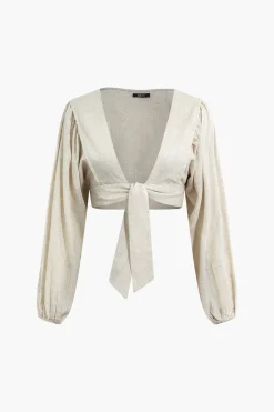 MICAS Long Sleeve Tops|Long Sleeves Tops-Linen V-neck Knot Ruched Crop Blouse BEIGE