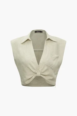 MICAS Blouses & Shirts-Linen V-neck Twist Hem Sleeveless Top BEIGE