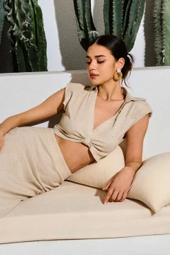 MICAS Blouses & Shirts-Linen V-neck Twist Hem Sleeveless Top BEIGE