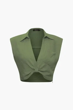 MICAS Blouses & Shirts-Linen V-neck Twist Hem Sleeveless Top BEIGE