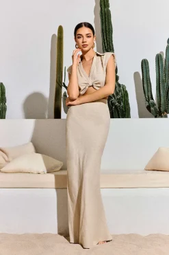 MICAS Skirts-Linen-Blend High-Waisted Maxi Skirt WHEAT