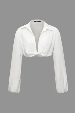 MICAS Long Sleeve Tops|Long Sleeves Tops-Linen-Blend Twist Long Sleeve V-neck Shirt WHITE