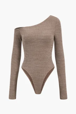 MICAS Bodysuits-Long Sleeve Asymmetrical Bodysuit TAN