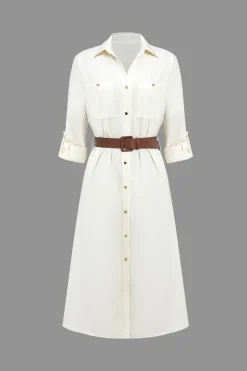 MICAS Long Sleeve Dresses|Midi Dresses-Long Sleeve Collar Belted Midi Dress WHITE