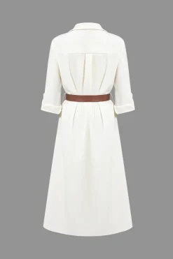 MICAS Long Sleeve Dresses|Midi Dresses-Long Sleeve Collar Belted Midi Dress WHITE