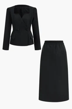 MICAS Skirt Sets-Long Sleeve Pocket Top And Skirt Set BLACK