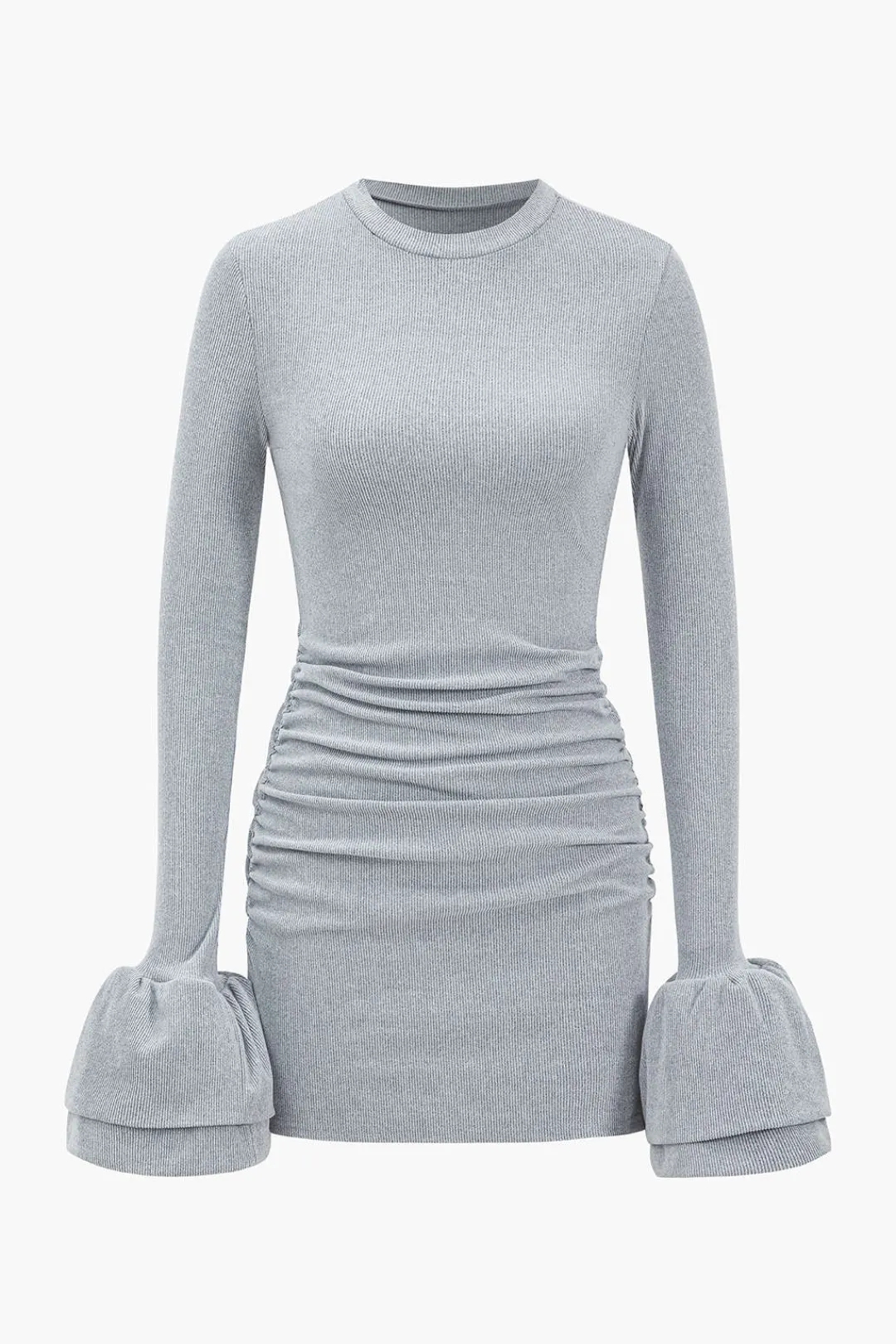 MICAS Mini Dresses|Long Sleeve Dresses-Long Sleeve Puff Sleeve Round Neck Mini Dress LIGHT GRAY