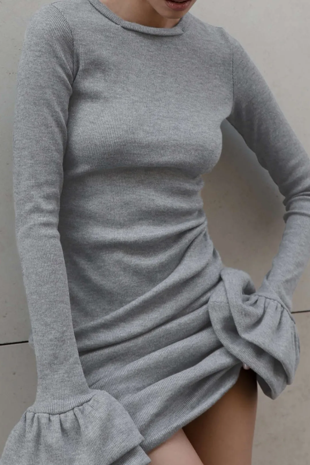 MICAS Mini Dresses|Long Sleeve Dresses-Long Sleeve Puff Sleeve Round Neck Mini Dress LIGHT GRAY