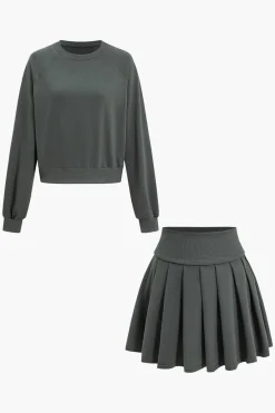 MICAS Skirt Sets-Long Sleeve Top And Pleated Skirt Set DARK GRAY