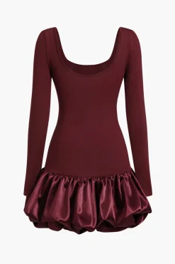 MICAS Long Sleeve Dresses|Mini Dresses-Long-Sleeve Puff Hem Mini Dress BURGUNDY