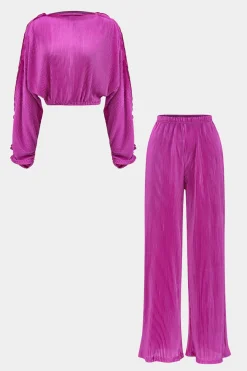 MICAS Pant Sets-Long-Sleeve Top And High Waist Wide Leg Trousers Set RASPBERRY
