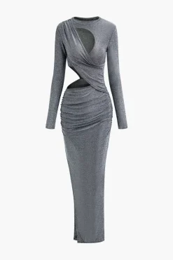 MICAS Long Sleeve Dresses|Maxi Dresses-Lurex Asymmetric Cut Out Long Sleeve Maxi Dress SILVER