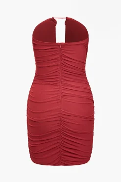 MICAS Mini Dresses-Mesh Backless Appliques Ruched V-Neck Mini Dress CHILI