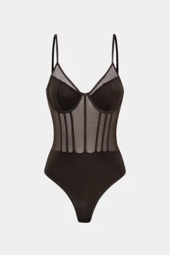 MICAS Bodysuits|Corset & Bustier Tops-Mesh Backless Bustier Bodysuit BROWN