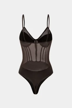 MICAS Bodysuits|Corset & Bustier Tops-Mesh Backless Bustier Bodysuit BROWN