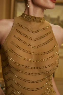 MICAS Maxi Dresses-Mesh Backless Sheer Rhinestone Maxi Dress PURE GOLD