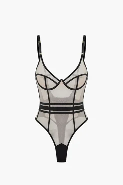 MICAS Lingerie & Sleepwear-Mesh Backless Sheer Sleeveless Bodysuit Contrast Color