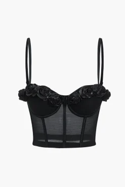 MICAS Corset & Bustier Tops-Mesh Bustier Appliques Cami Top BLACK