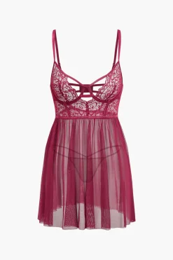 MICAS Lingerie & Sleepwear-Mesh Bustier Cut Out Embroidery Side Slit Sleepwear Set BURGUNDY