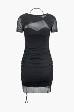 MICAS Mini Dresses-Mesh Cut Out Twist Drawstring Ruched Tie Mini Dress BLACK