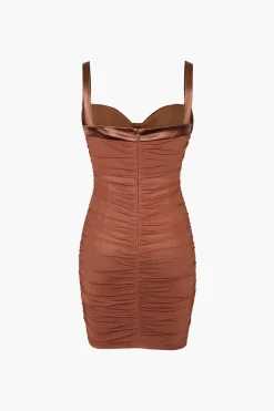 MICAS Mini Dresses-Mesh Draped Bodycon Mini Dress CINNAMON