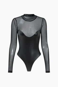 MICAS Bodysuits-Mesh Faux Leather Patchwork Long Sleeve Bodysuit BLACK