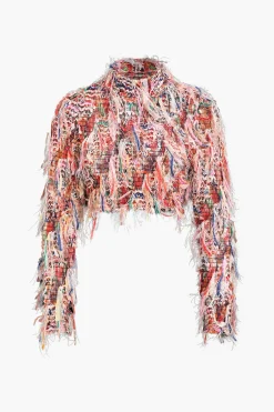 MICAS Skirt Sets-Mesh Fringe Long Sleeve Skirt Set PINK