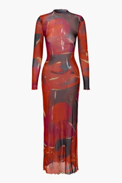 MICAS Long Sleeve Dresses|Maxi Dresses-Mesh Long Sleeve Scallop Edge Maxi Dress RED